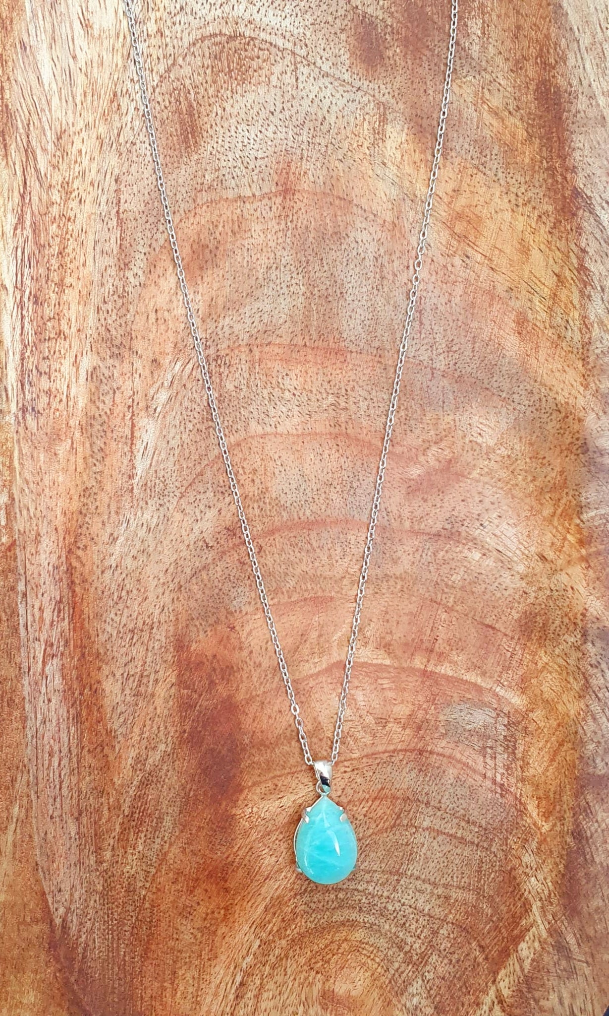 Kette aus Edelstahl mit Amazonit Anhänger (Tropfenform)